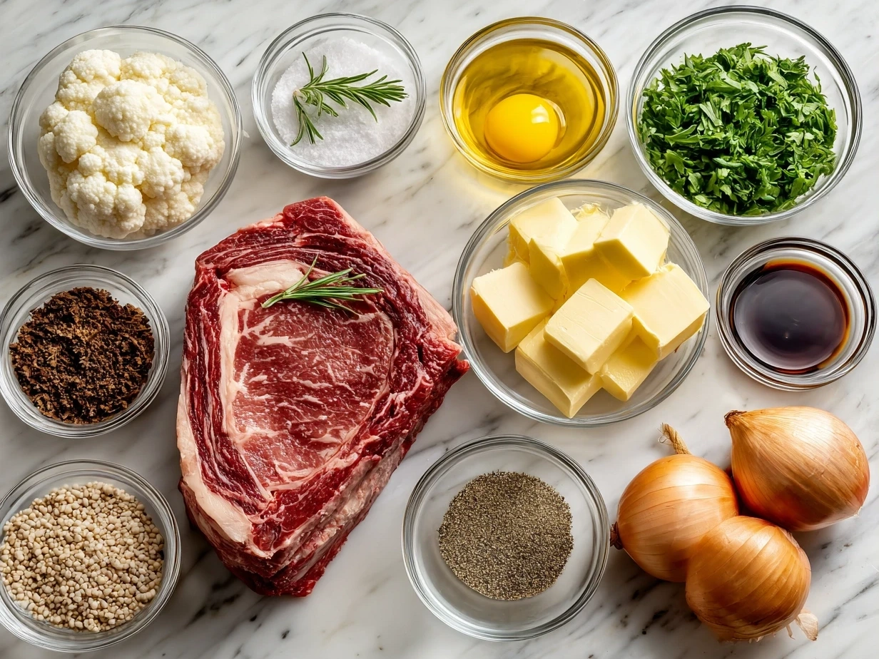 Prime rib roast recipe ingredients: prime rib roast, garlic, rosemary, thyme, olive oil, sea salt, black pepper, paprika, garlic powder, onion powder