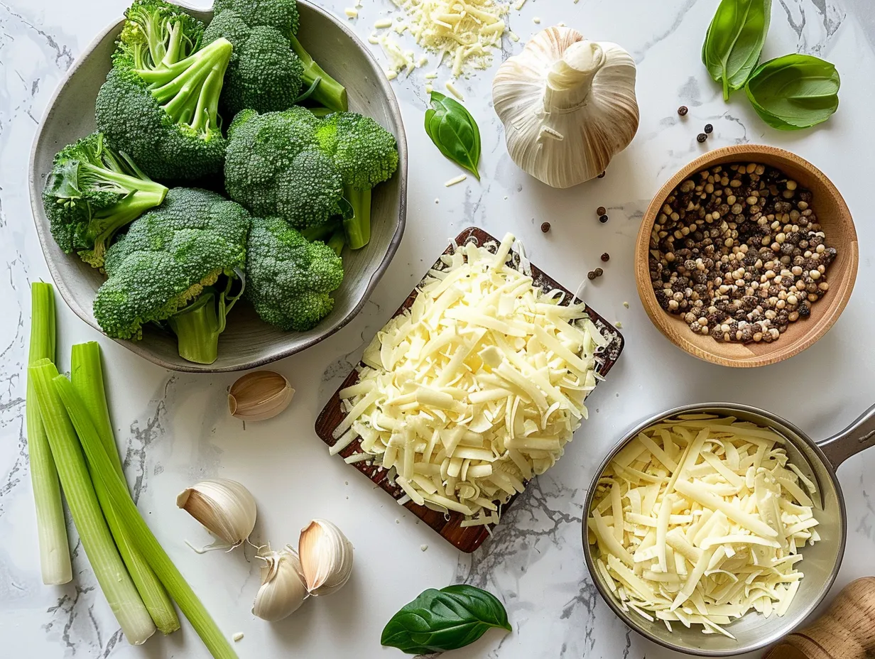 Raw ingredients for broccoli cheese casserole on a wooden cutting board