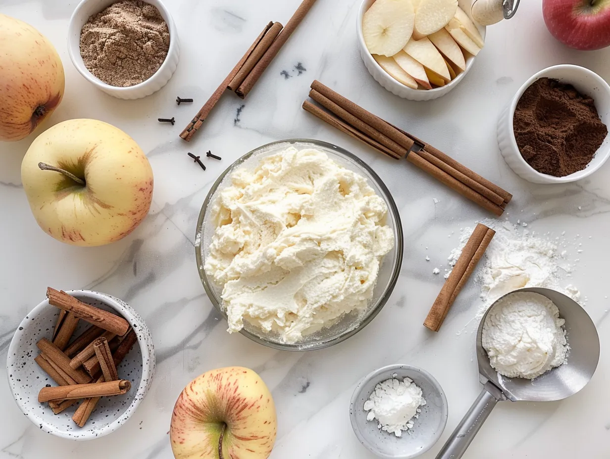 Raw ingredients for Apple Butter Pie and Cinnamon Whipped Cream including apples, spices, flour, butter, and eggs.
