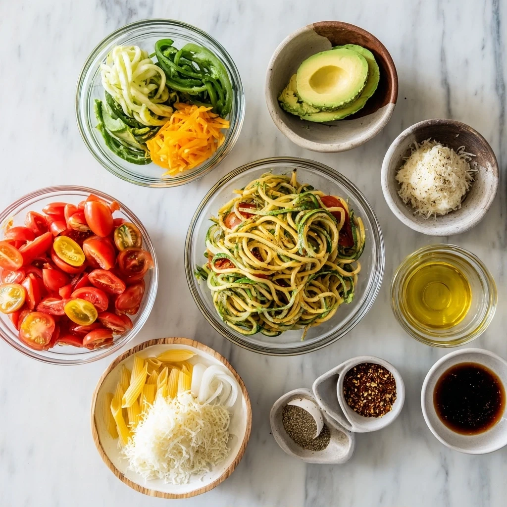 Ingredients for avocado pasta salad: pasta, avocados, cilantro, lime, garlic, olive oil, tomatoes, red onion, and corn
