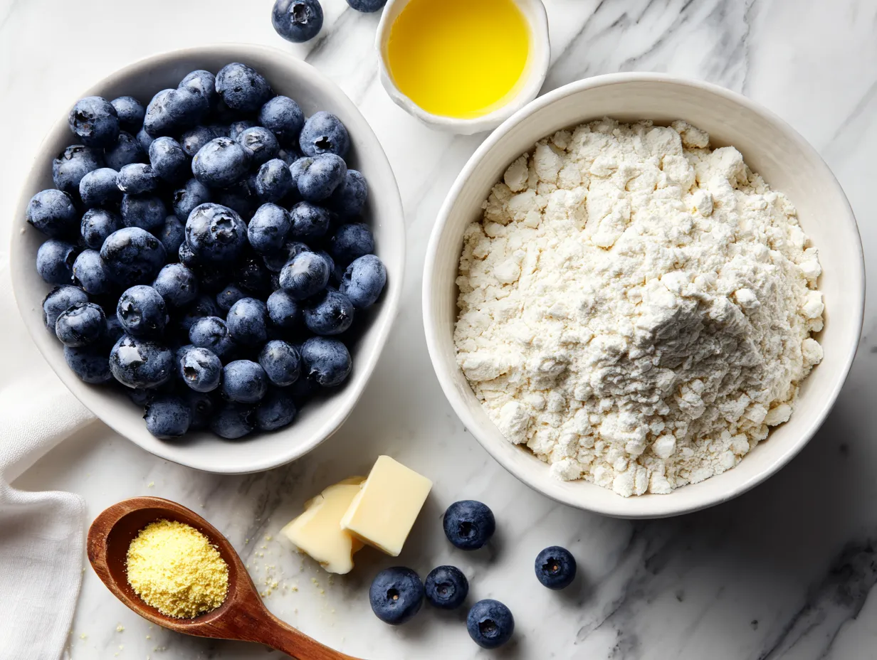 Fresh ingredients for making a blueberry pie, including flour, butter, blueberries, and spices