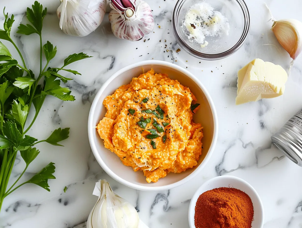 Raw ingredients for Buffalo Chicken Dip arranged on a marble countertop