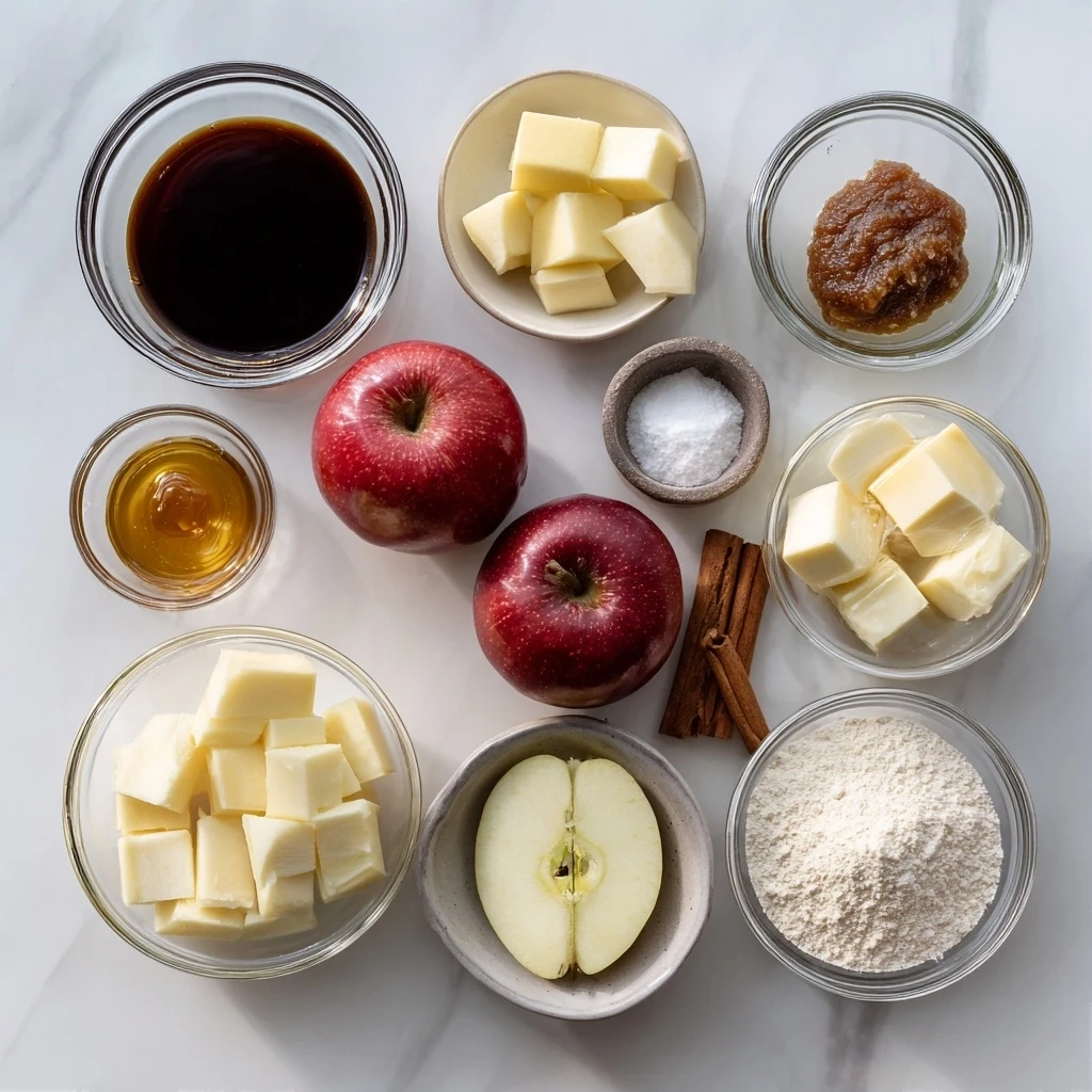 A curated selection of fresh, raw ingredients for making a homemade caramel apple upside-down cake including apples, butter, sugar, flour, and spices laid out on a wooden surface
