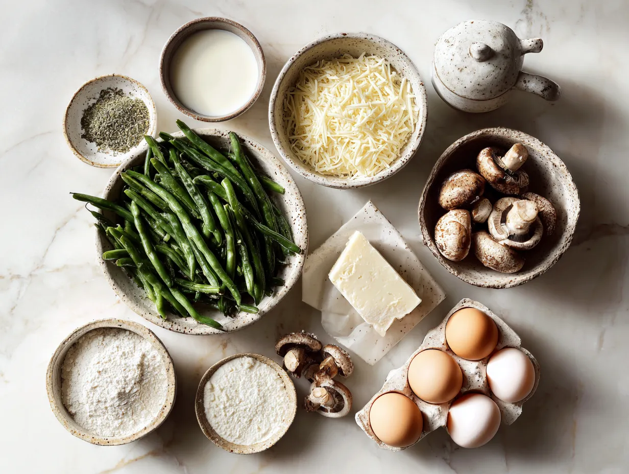 Raw ingredients for making Cheesy Green Bean Casserole including green beans, mushrooms, onions, and cheese