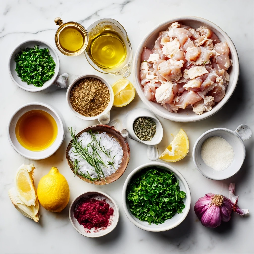 Raw ingredients for making chicken shawarma, including chicken thighs, spices, lemon, and garlic.
