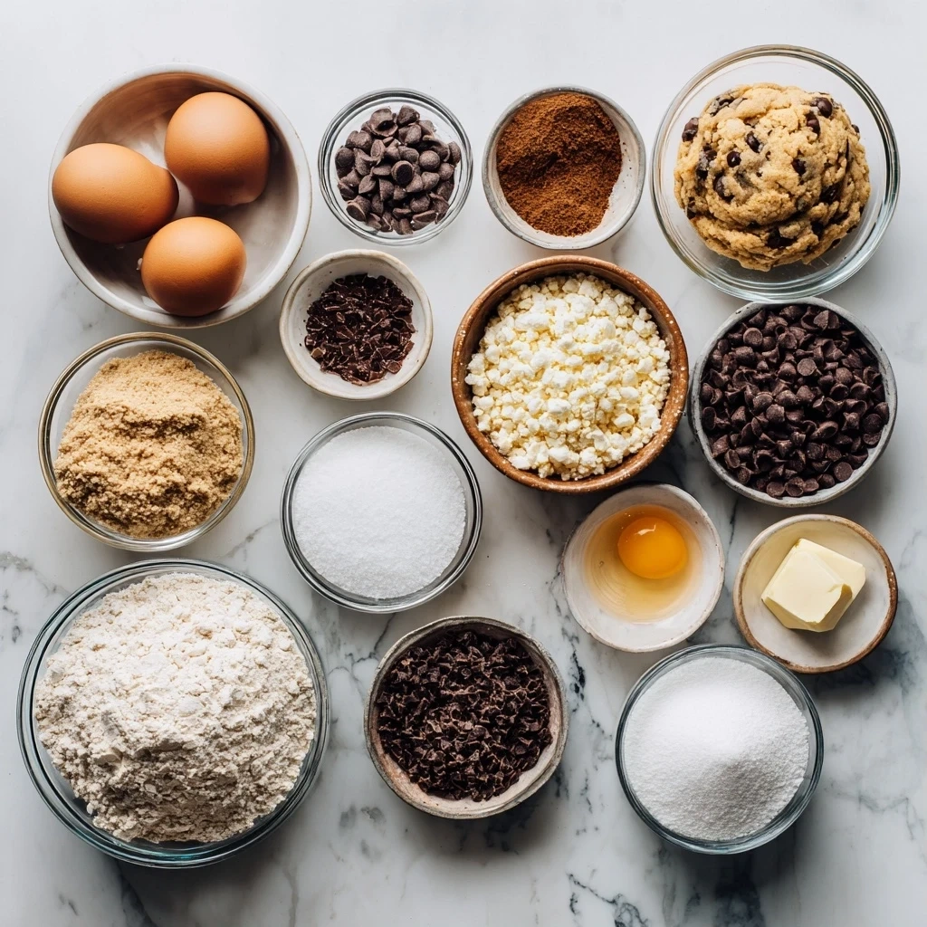 Raw ingredients for making a Chocolate Chip Cookie Pie including butter, sugars, eggs, flour, chocolate chips, and spices.