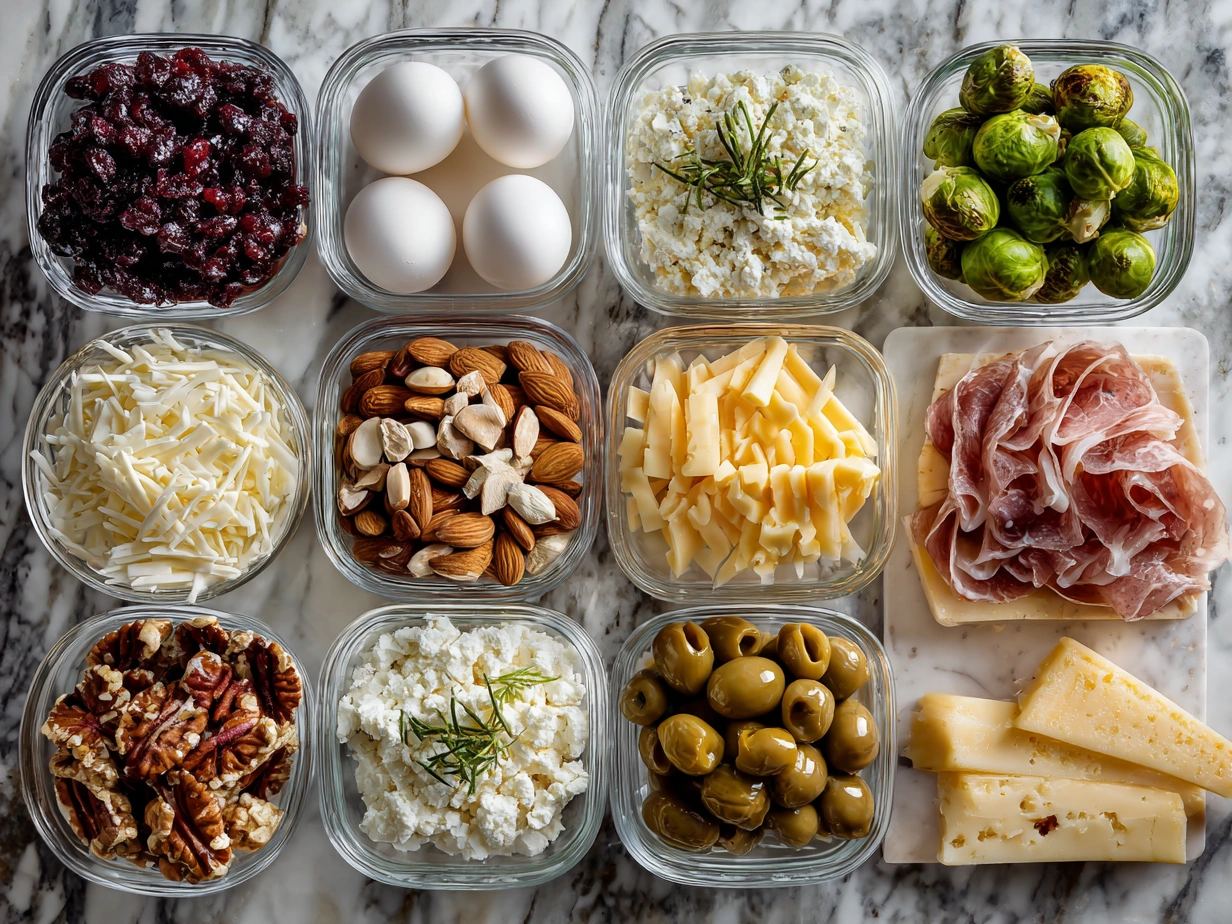 Raw ingredients including cheese, meats, crackers, fruit and rosemary for Christmas Tree Charcuterie Board.