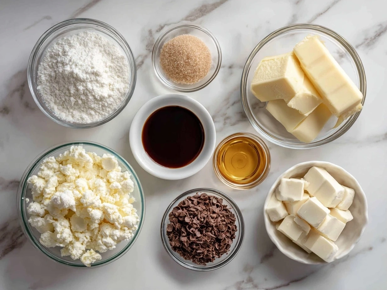 Raw ingredients needed to make cotton candy fudge, displayed on a marble surface.