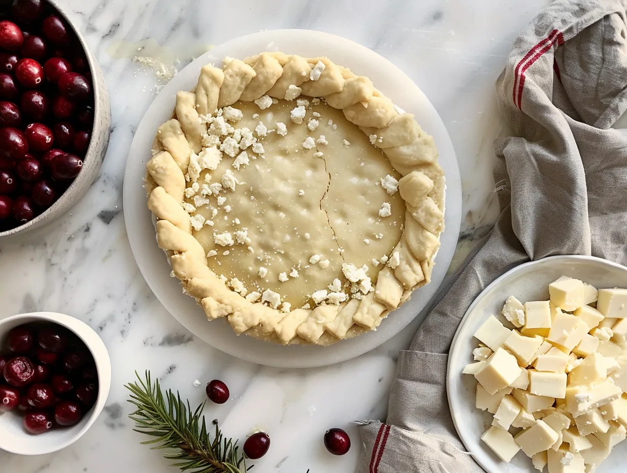 Ingredients for Cranberry Brie Crescent Wreath including brie cheese, cranberry sauce, and crescent roll dough