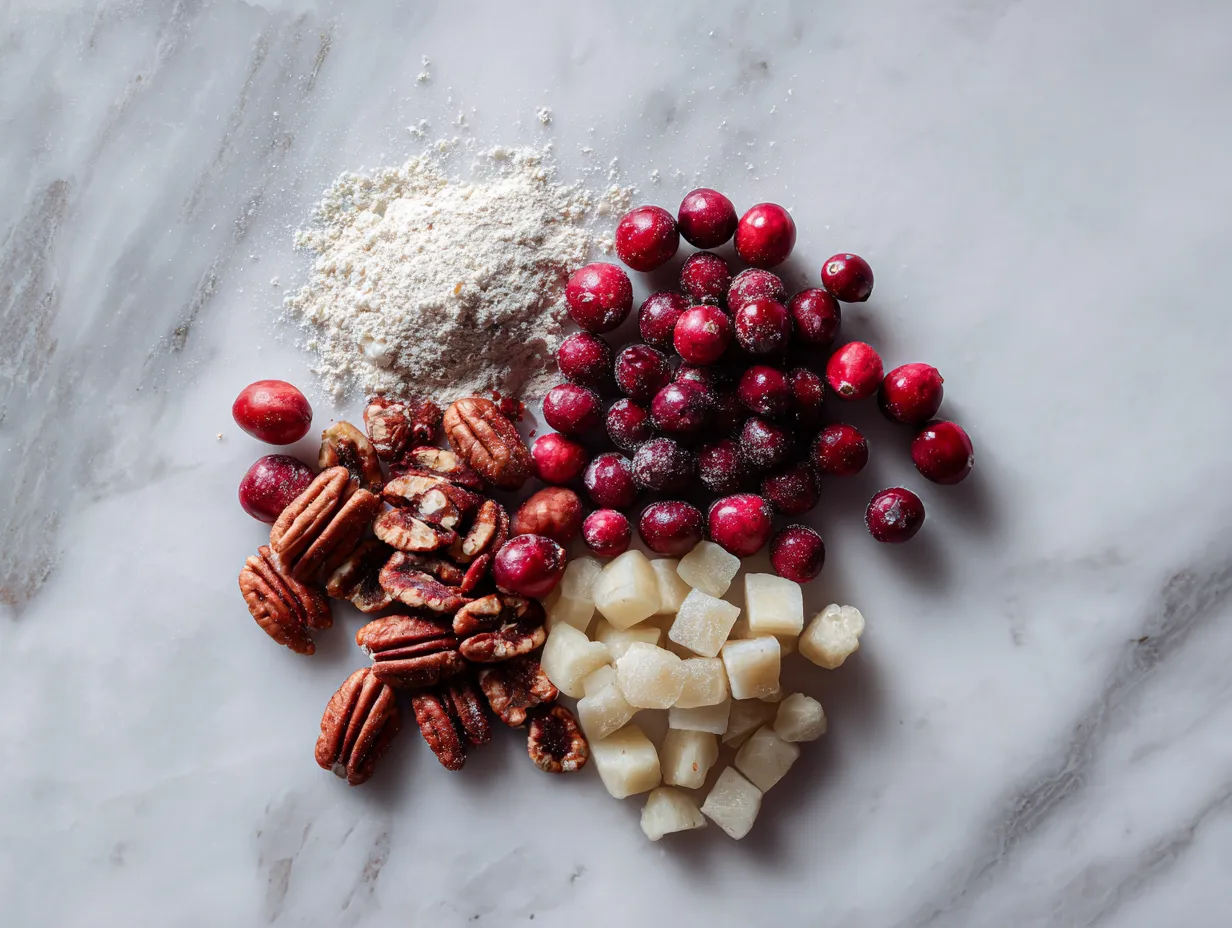Raw ingredients needed to make a Cranberry Pineapple Pecan Cheese Ball recipe