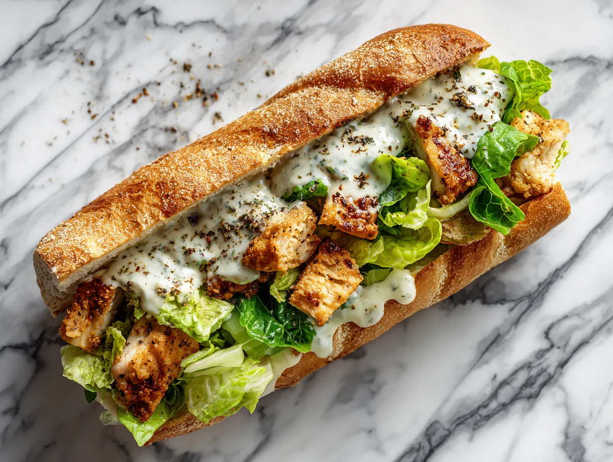 Raw ingredients including chicken, lettuce, and parmesan for Crispy Chicken Caesar Sandwiches