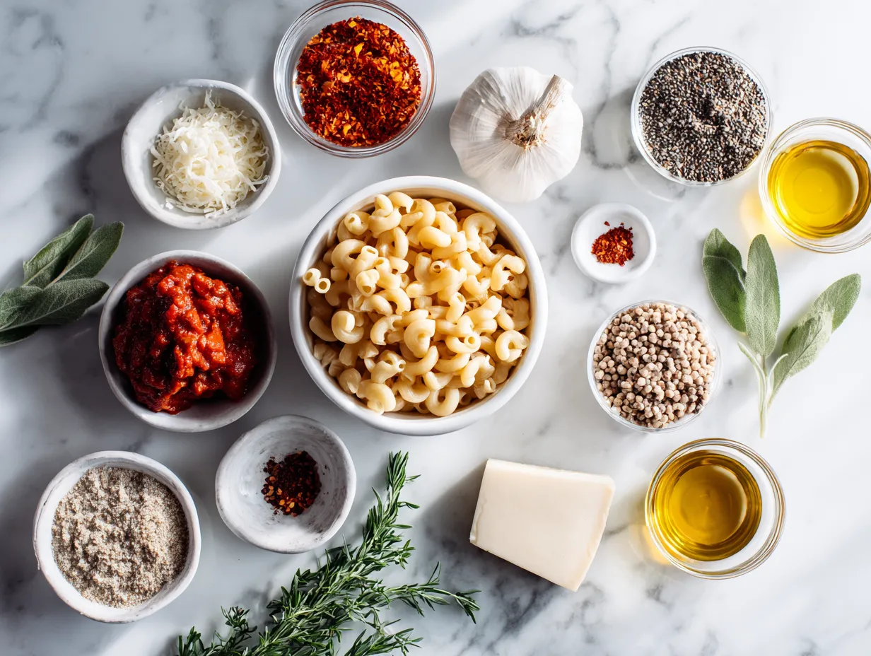 Raw ingredients needed to prepare crockpot mac and cheese, including pasta, cheese, milk, and spices