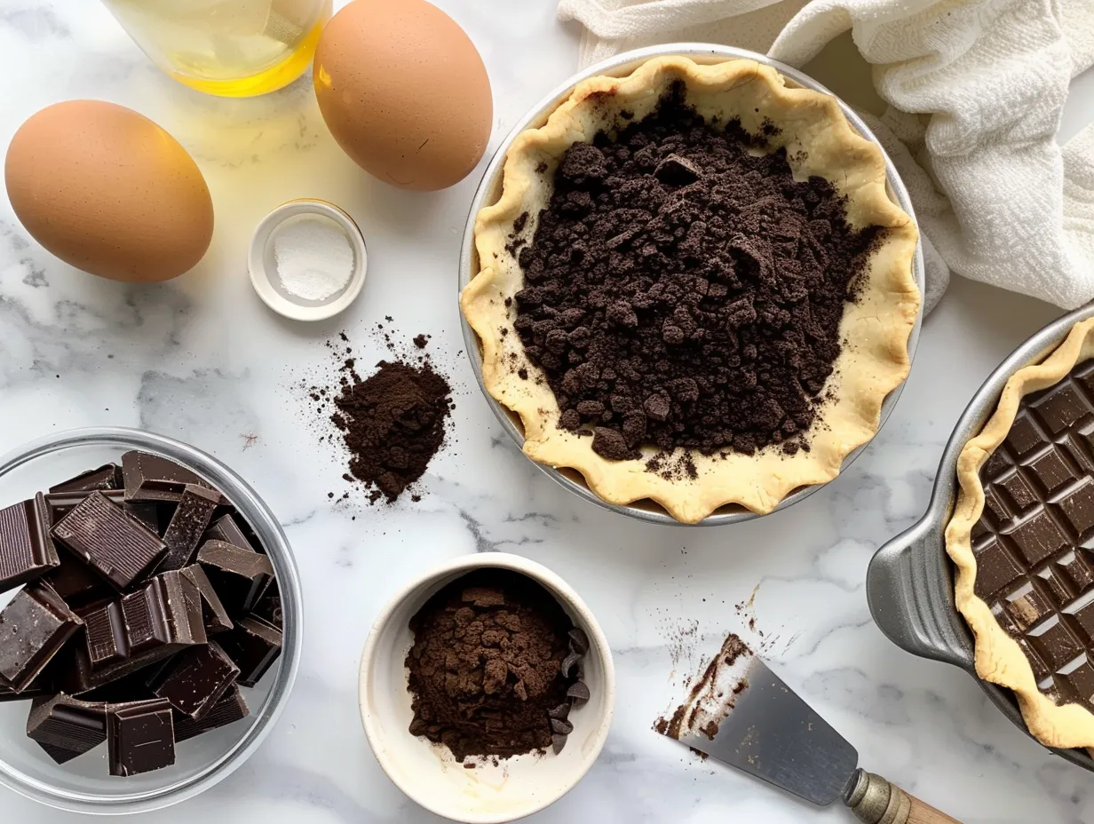 Raw ingredients including dark chocolate, eggs, and cocoa powder for making Dark Chocolate Chess Pie