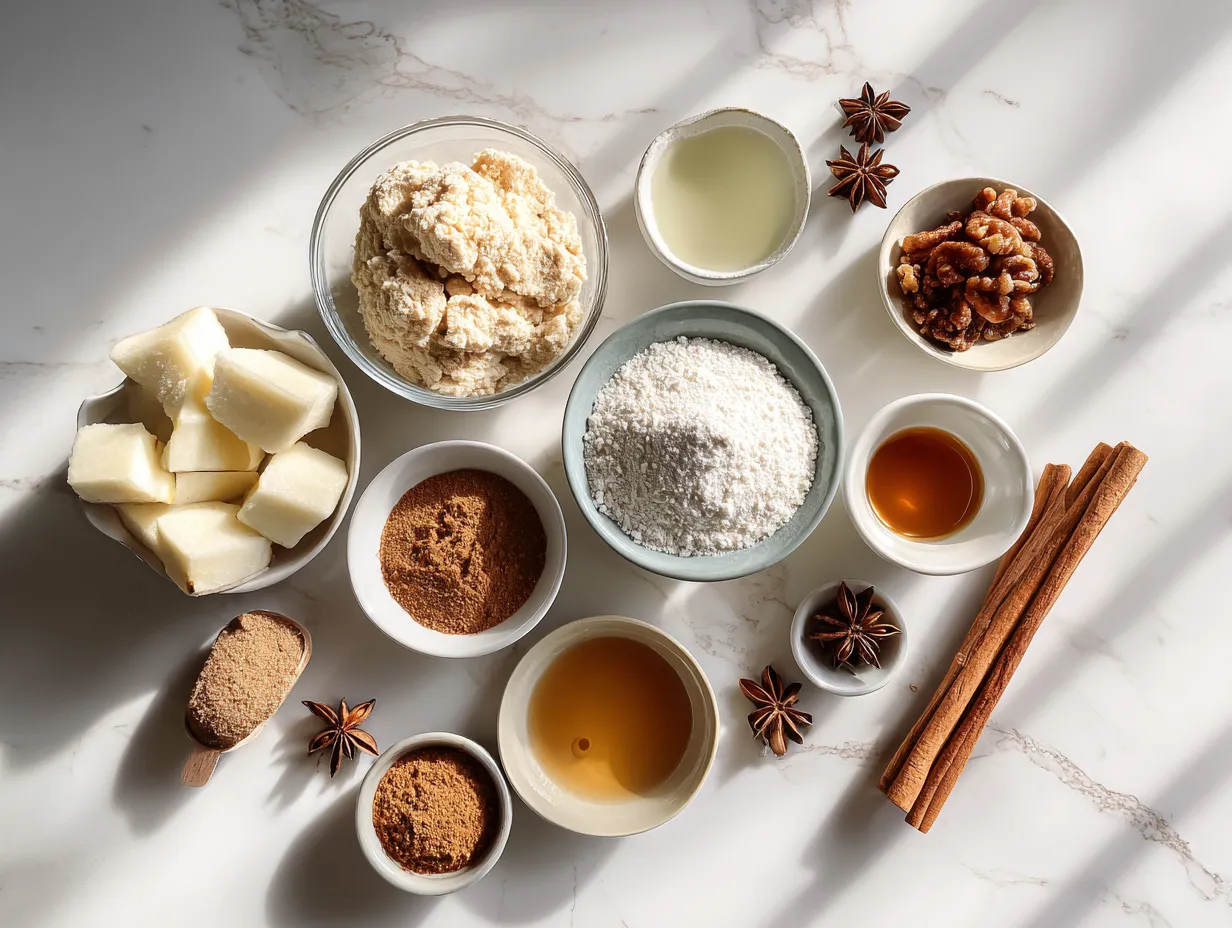 Raw ingredients for Dutch Caramel Apple Pie including apples, flour, butter, and spices