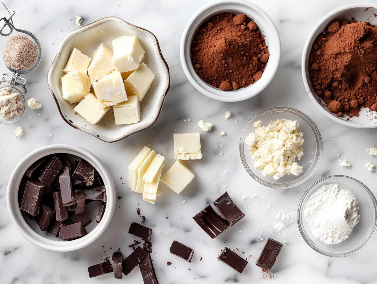 Raw ingredients for making French silk pie including chocolate wafers, butter, sugar, eggs, and chocolate.