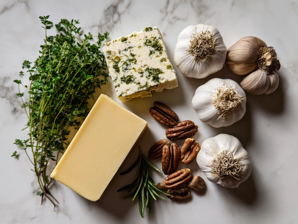 Raw ingredients for garlic herb cheeseball, including cream cheese, fresh herbs, garlic, and spices, arranged on a white marble surface.