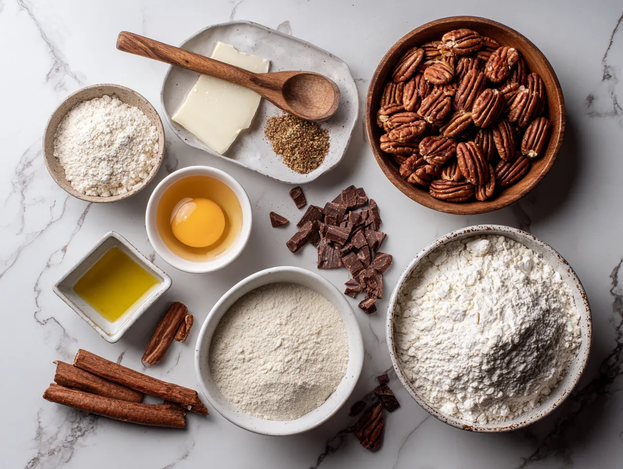 Raw ingredients for making layered chocolate pecan pie, including flour, butter, chocolate, pecans, and eggs.