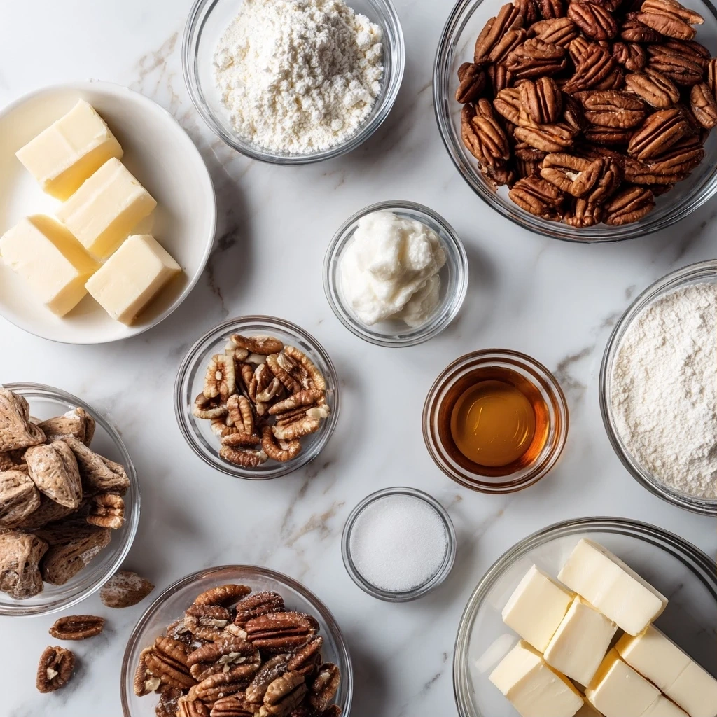 A collection of raw ingredients including pecans, sugar, butter, cream cheese, and vanilla extract laid out on a wooden surface, ready to be combined to create delicious pecan pie cheesecake bars.
