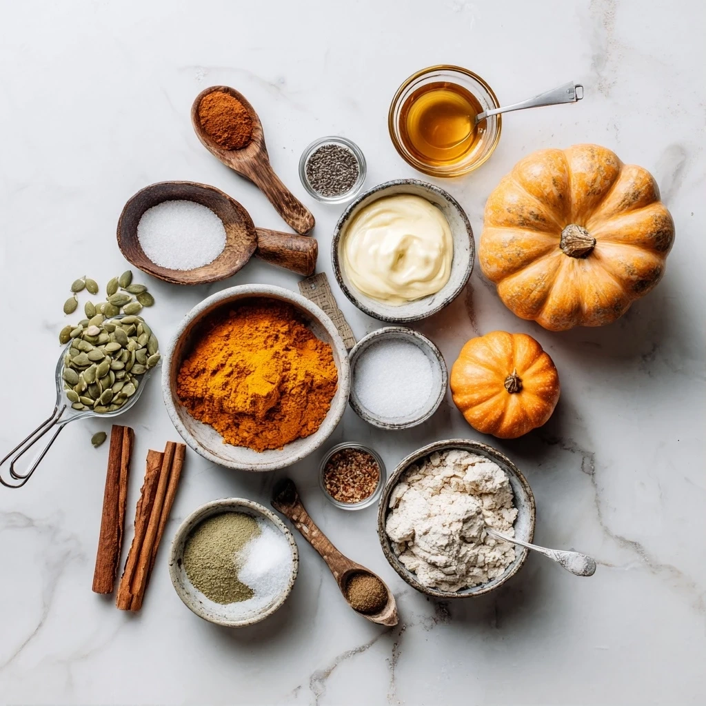 Raw ingredients for making Cheesecake with Pumpkin Swirl, including graham crackers, butter, cream cheese, pumpkin puree, and spices.