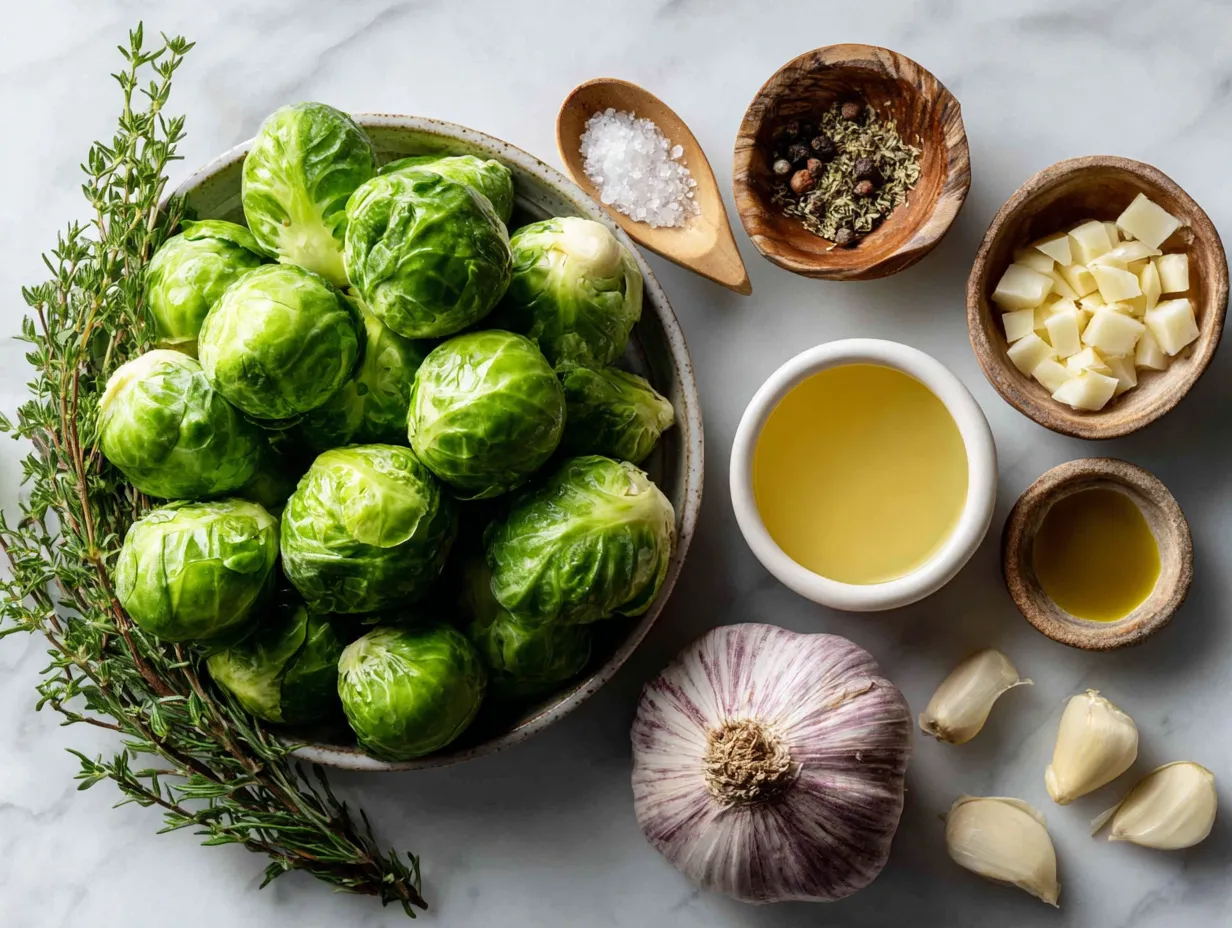 Raw ingredients for preparing delicious roasted brussel sprouts, including fresh brussel sprouts, garlic cloves, olive oil, and balsamic vinegar.