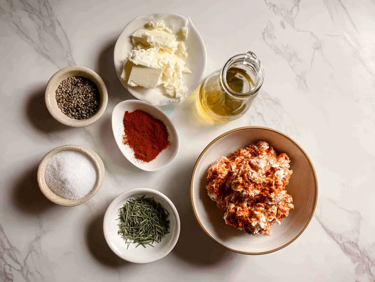 A selection of raw ingredients for Slow Cooker Buffalo Chicken Dip, including chicken, cream cheese, buffalo sauce, and spices.