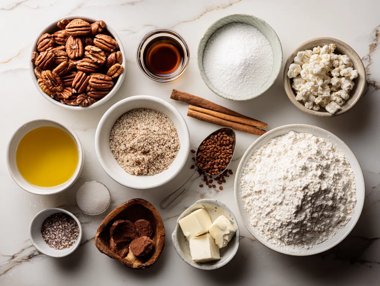 Ingredients for Southern Pecan Pie Bars: flour, butter, sugar, pecans, and eggs on a marble surface