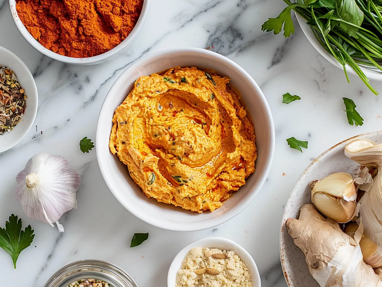 Raw ingredients for Spicy Buffalo Chicken Dip including shredded chicken, cream cheese, buffalo sauce, and spices on a white marble surface