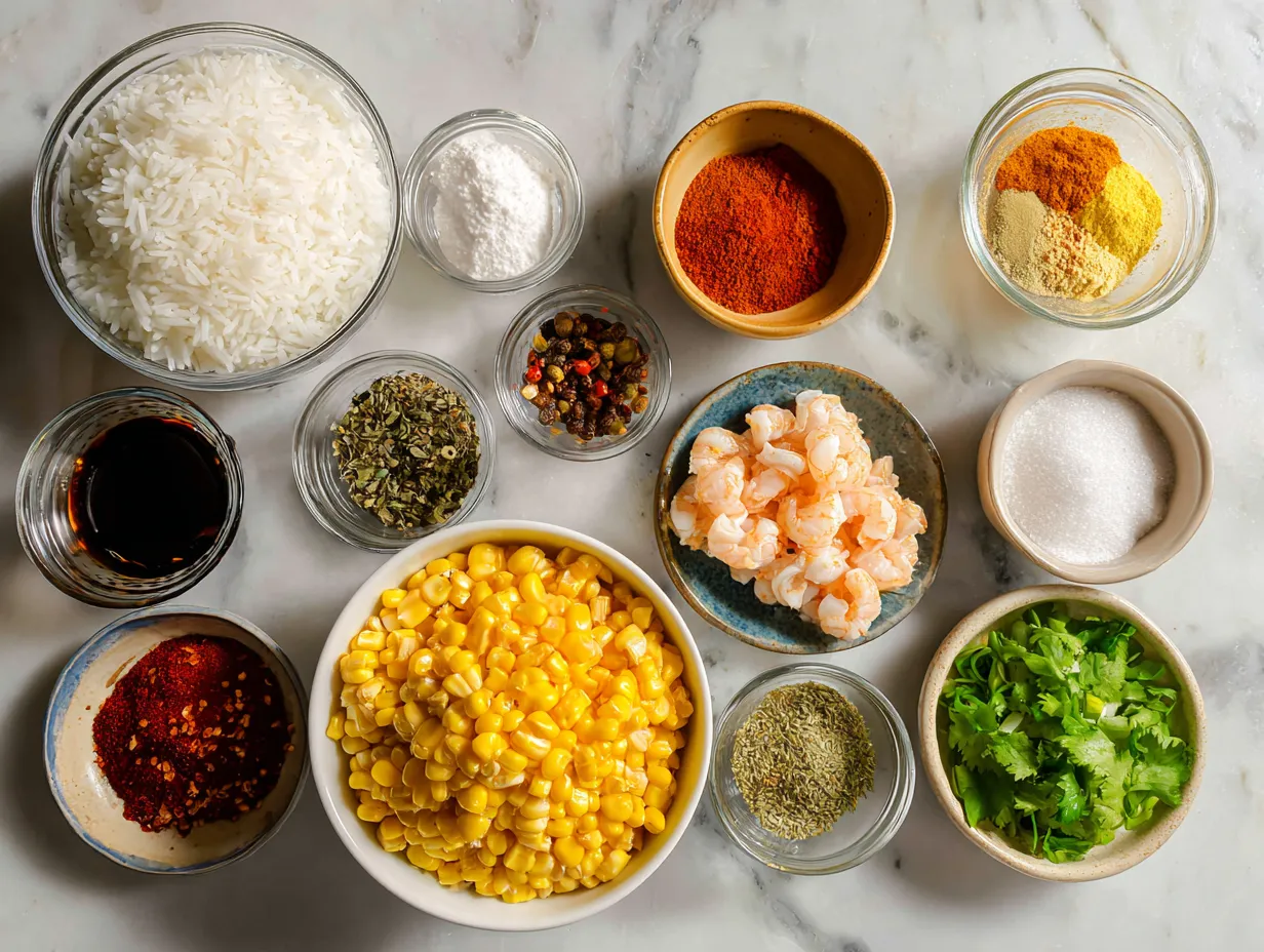 Raw ingredients for making Spicy Mexican Street Corn Chicken Rice Bowl, including corn on the cob, chicken, and spices