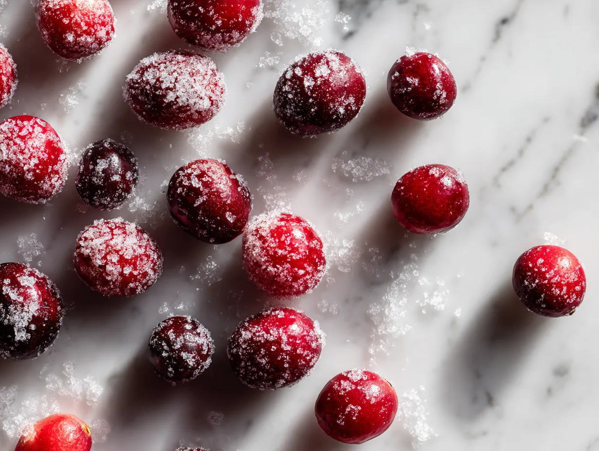 Raw ingredients including cranberries, sugar, vanilla extract, water and citrus for preparing sugared cranberries