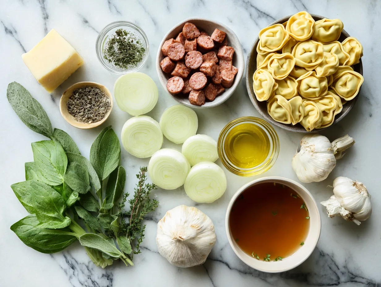 Raw ingredients for making Tortellini Soup with Sausage, including sausage, tortellini, and fresh vegetables.