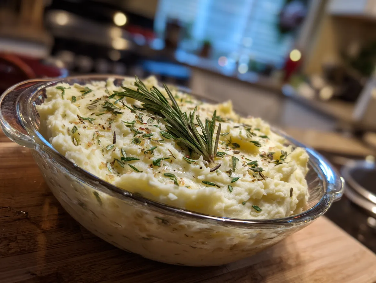 Deliciously displayed Rosemary Garlic Mashed Potatoes, garnished with fresh rosemary in a serving bowl.