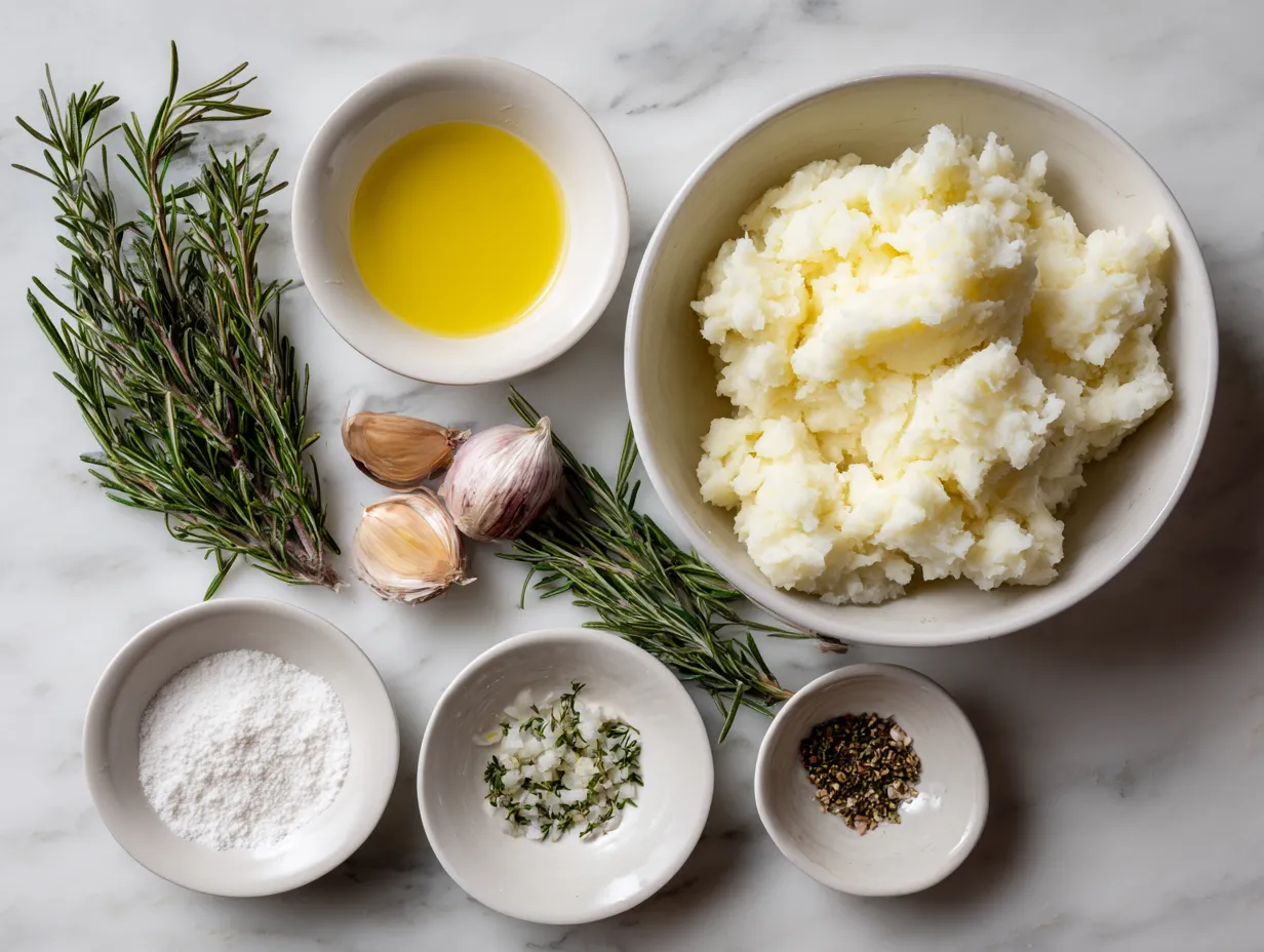 Fresh ingredients for Rosemary Garlic Mashed Potatoes, including potatoes, garlic, rosemary, butter, cream, olive oil, salt, and pepper laid out on a wooden surface.