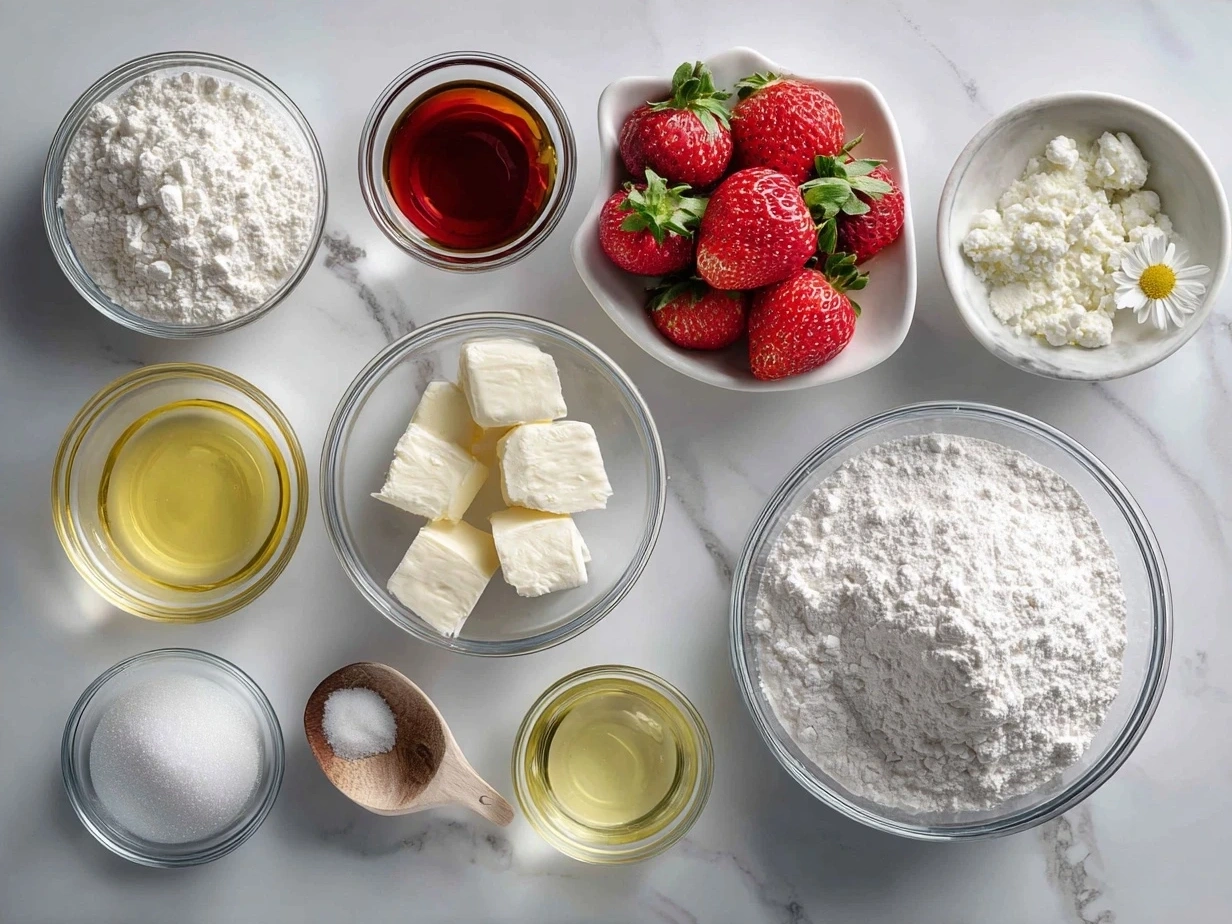Ingredients for Strawberry Cool Whip Candy including Cool Whip, strawberry gelatin, powdered sugar, and freeze-dried strawberries