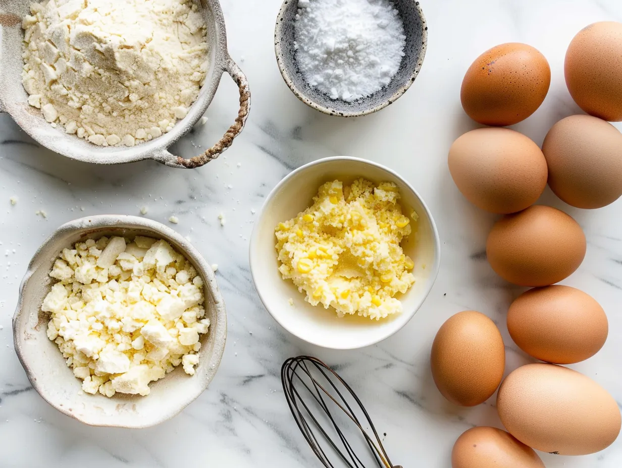 Ingredients for Sweet Corn Spoonbread Casserole arranged on a marble surface, including canned corn, sour cream, butter, cornmeal, milk, eggs, and spices.