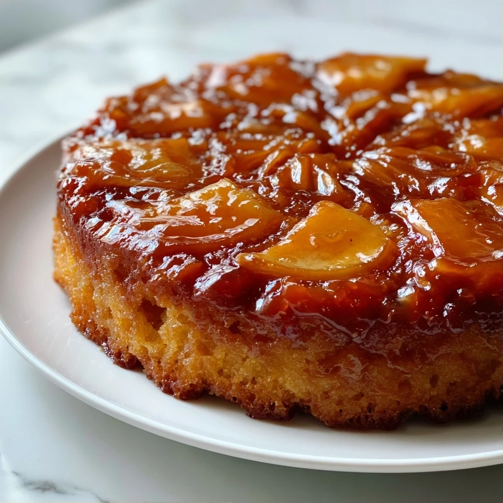 A perfectly baked caramel apple upside-down cake with a rich caramel topping and tender apples displayed on a rustic wooden cake stand