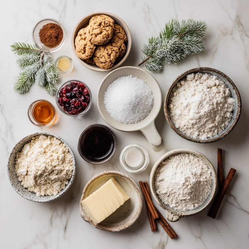 Ingredients for making Twisted Christmas Cookies: flour, baking powder, salt, butter, sugar, eggs, vanilla extract, almond extract, red and green food coloring, and sprinkles.