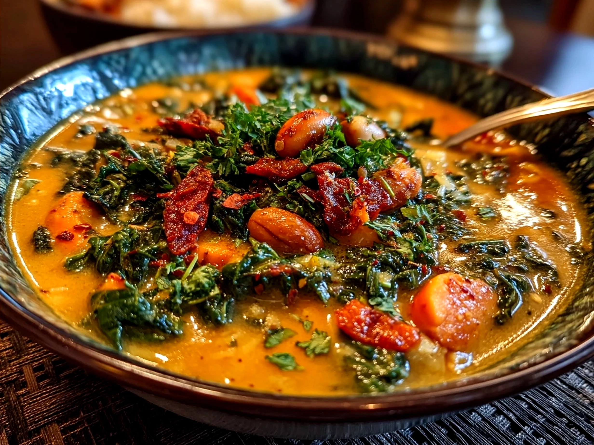 Serving bowl with African Peanut Soup garnished with fresh cilantro