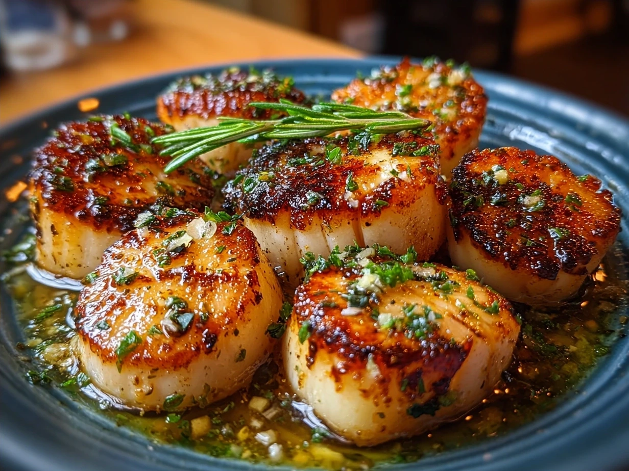 Plated Air Fryer Sea Scallops garnished with fresh parsley served with salad and asparagus