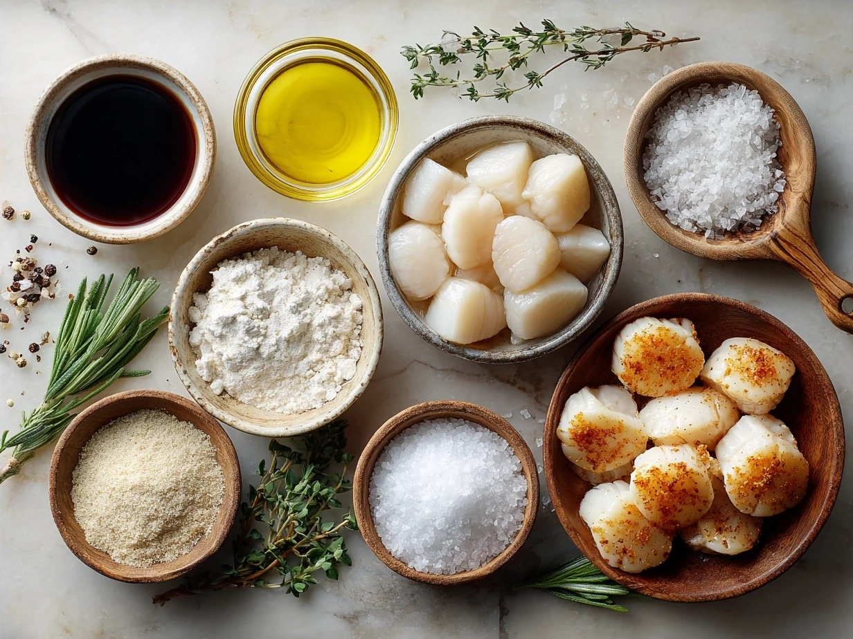 Ingredients for Air Fryer Sea Scallops including sea scallops, olive oil, smoked paprika, garlic powder, onion powder, salt, pepper, lemon, and parsley