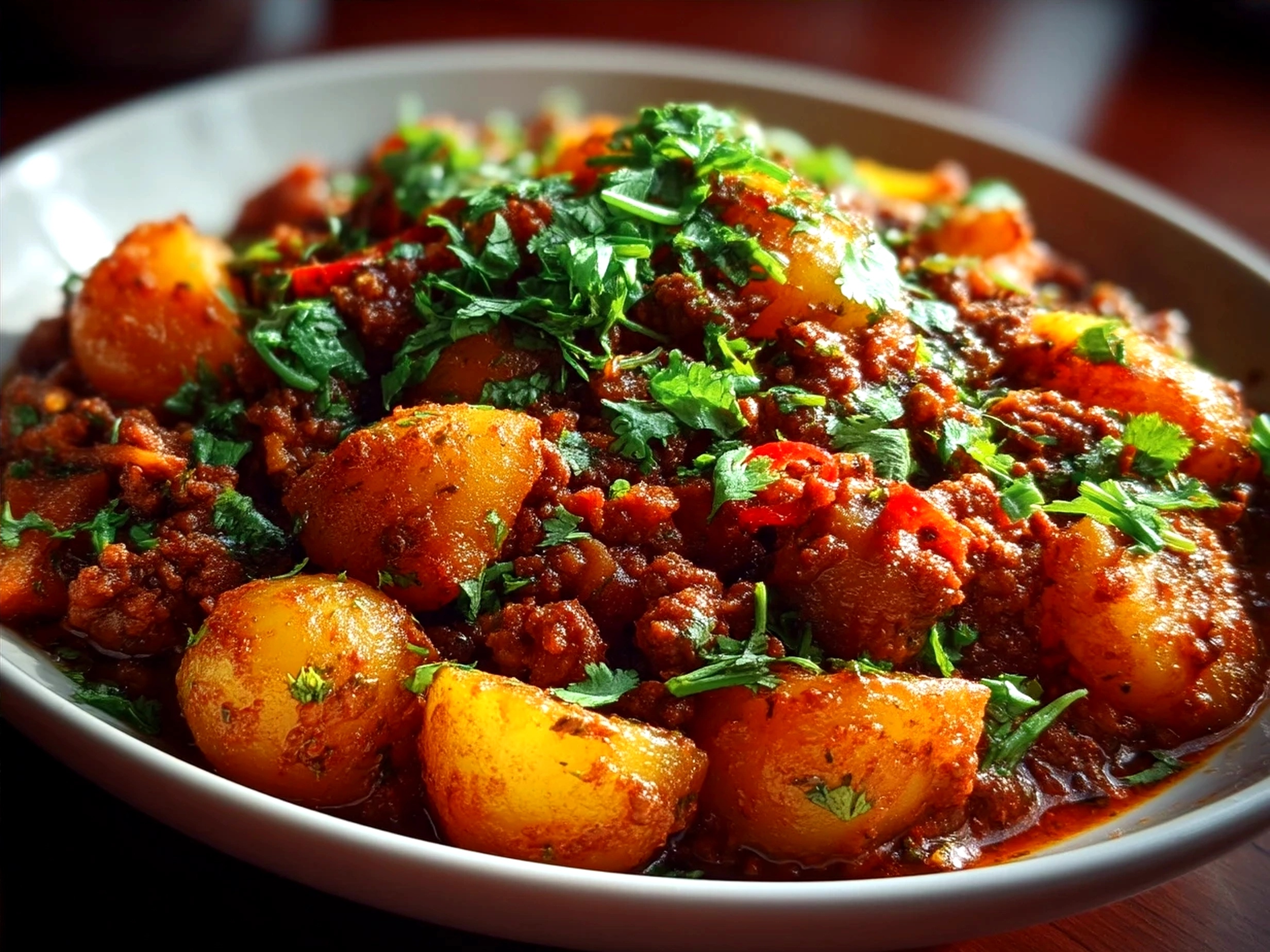 Serving of Aloo Keema Curry garnished with fresh cilantro and accompanied by rice and naan