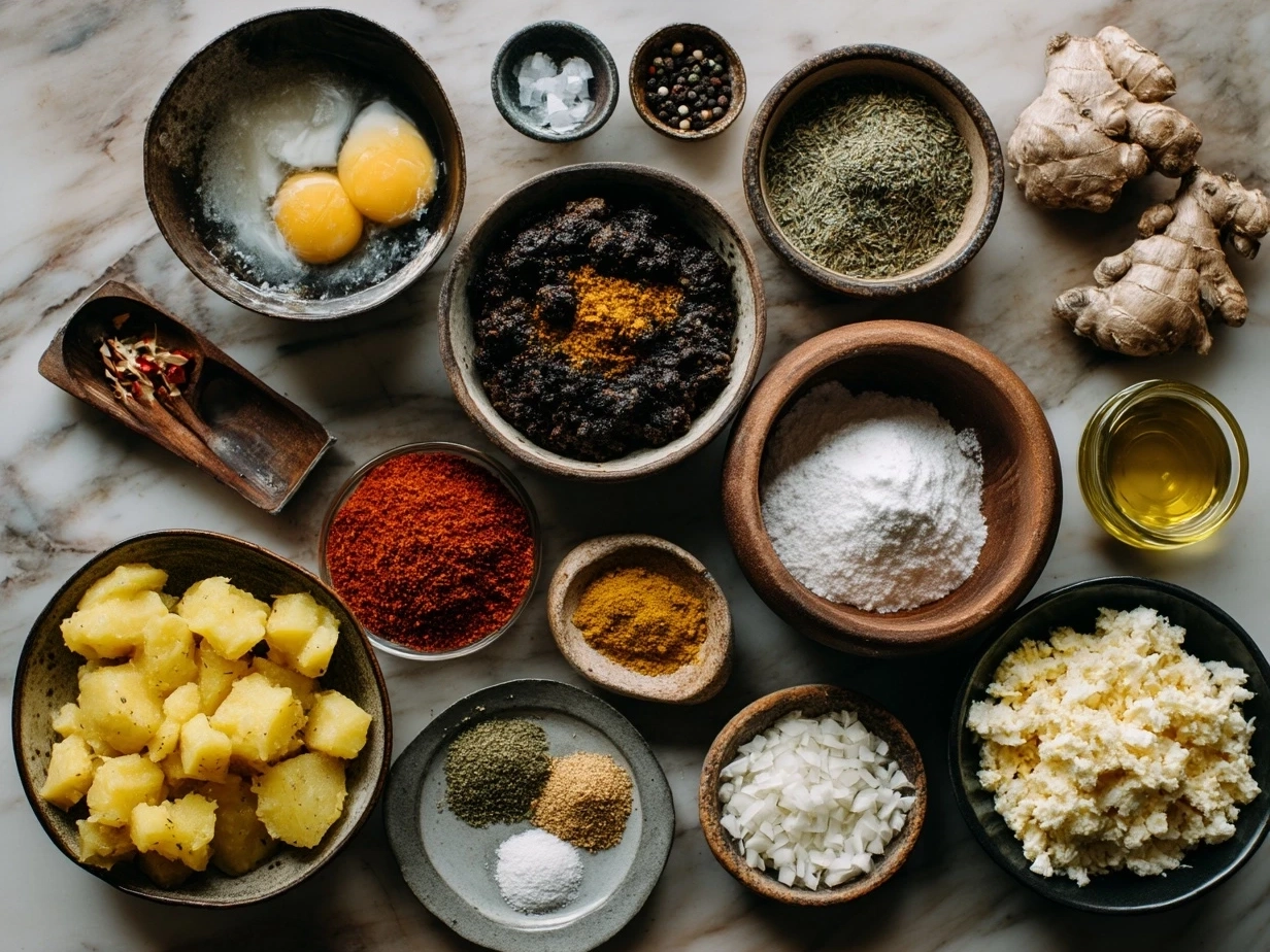 Fresh ingredients for Aloo Keema Curry including spices, minced meat, potatoes, onions, and tomatoes