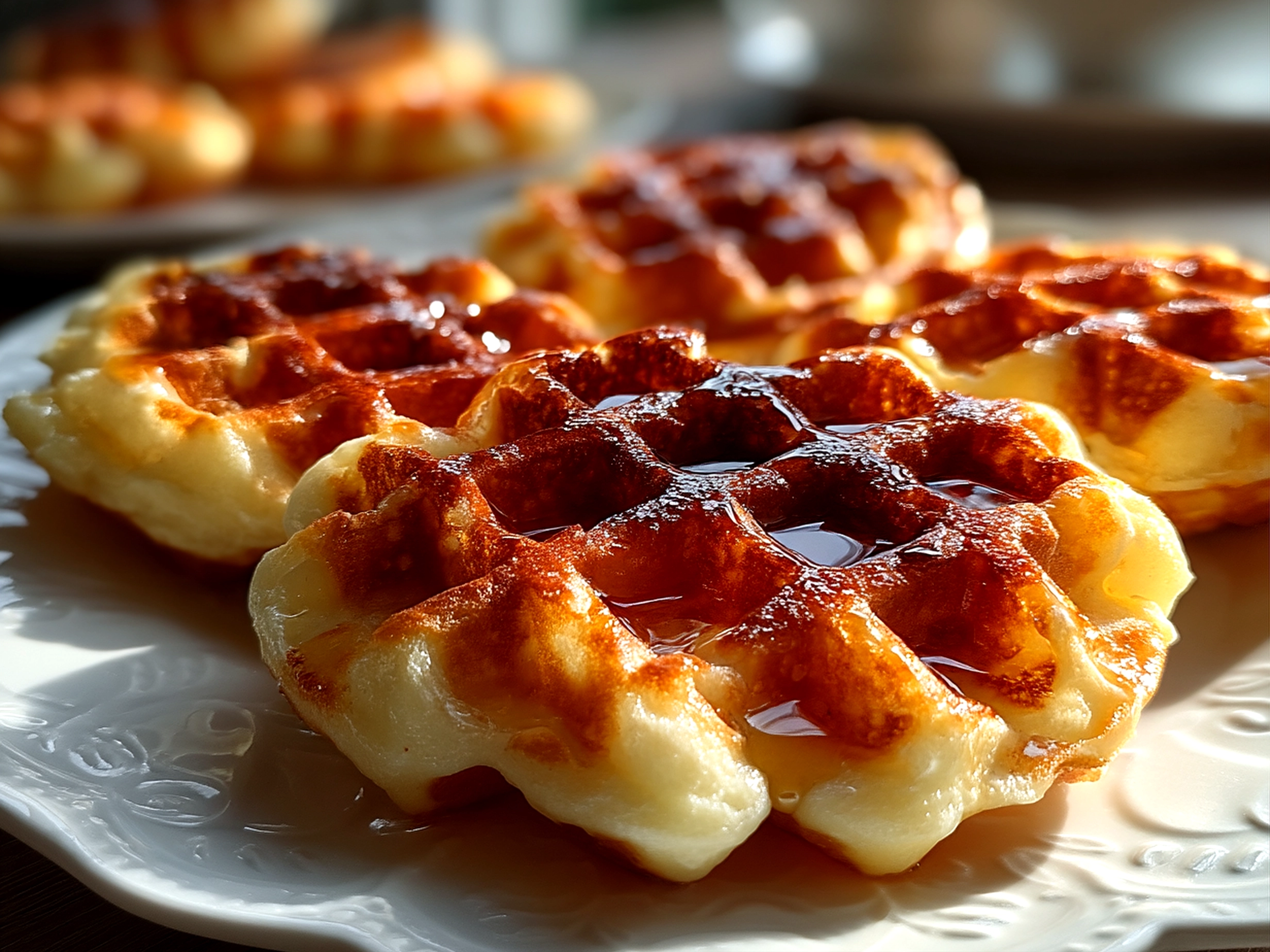 Finished beautiful Belgian waffles with toppings ready to serve