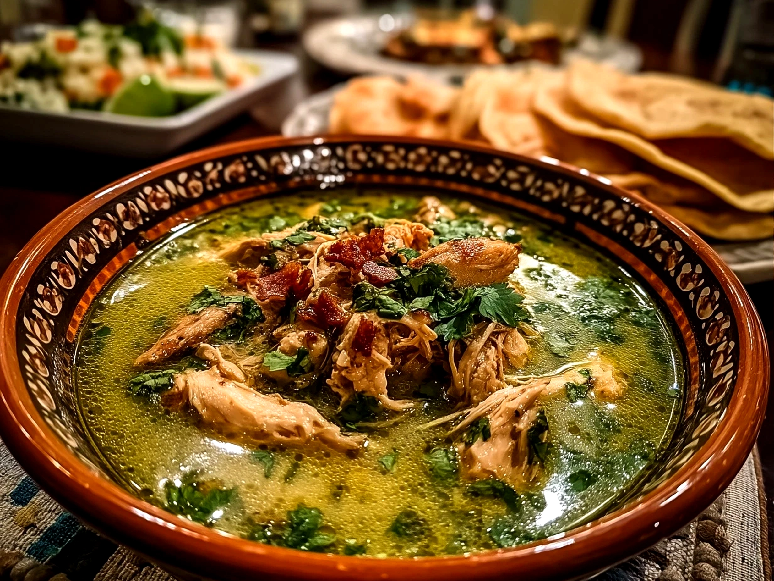 Finished bowl of comforting Authentic Crockpot Chicken Pozole Verde served warm with garnishes
