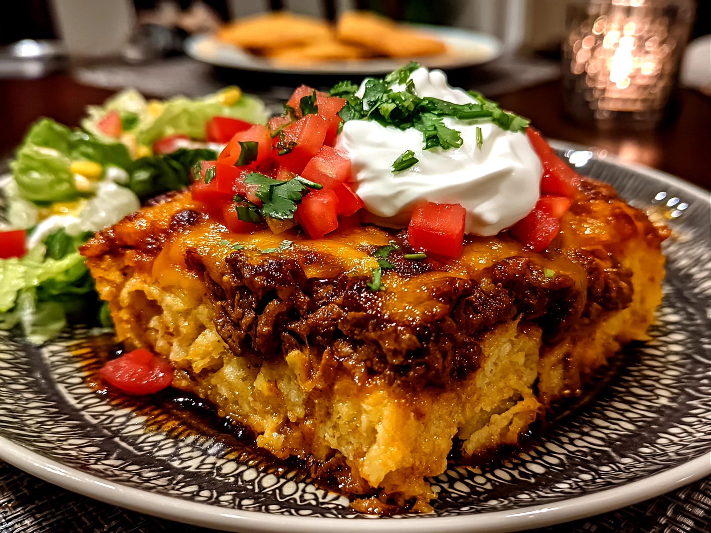 Close up of a finished cheesy, vibrant Taco Casserole fresh out of the oven, served in a kitchen setting