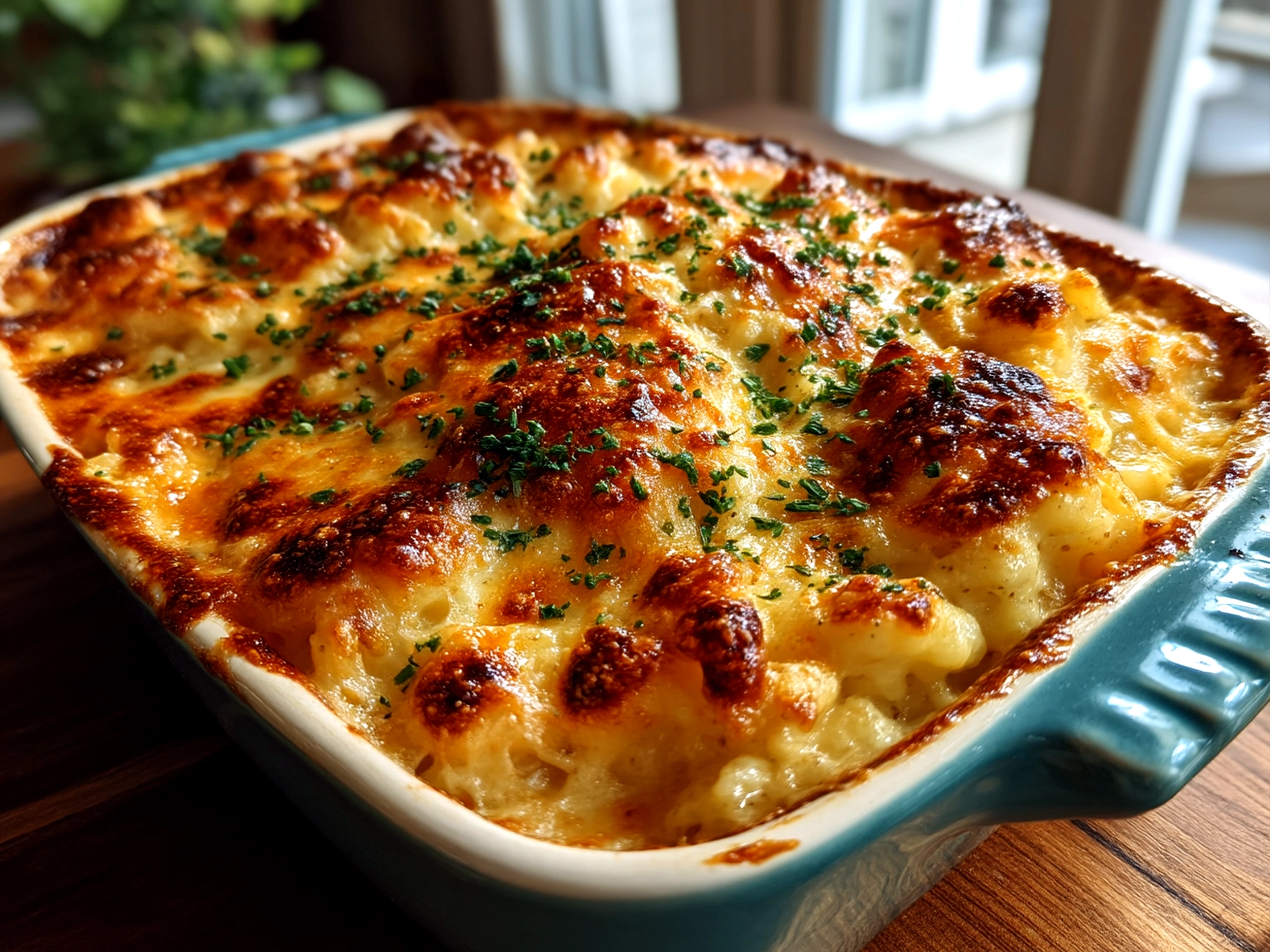Close-up of finished comforting Cheesy Funeral Potatoes served in kitchen