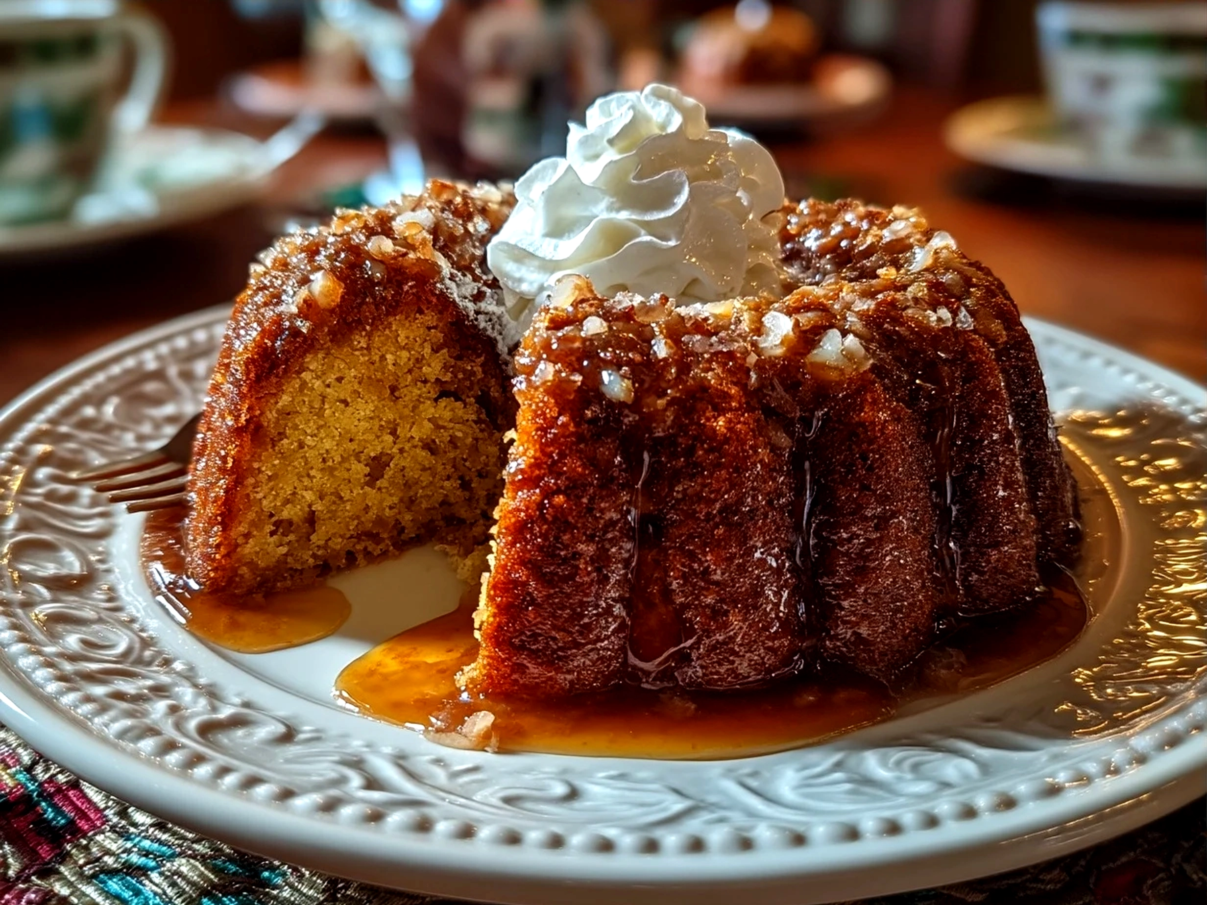 Slice of moist applesauce cake served with vanilla ice cream and cinnamon sprinkle