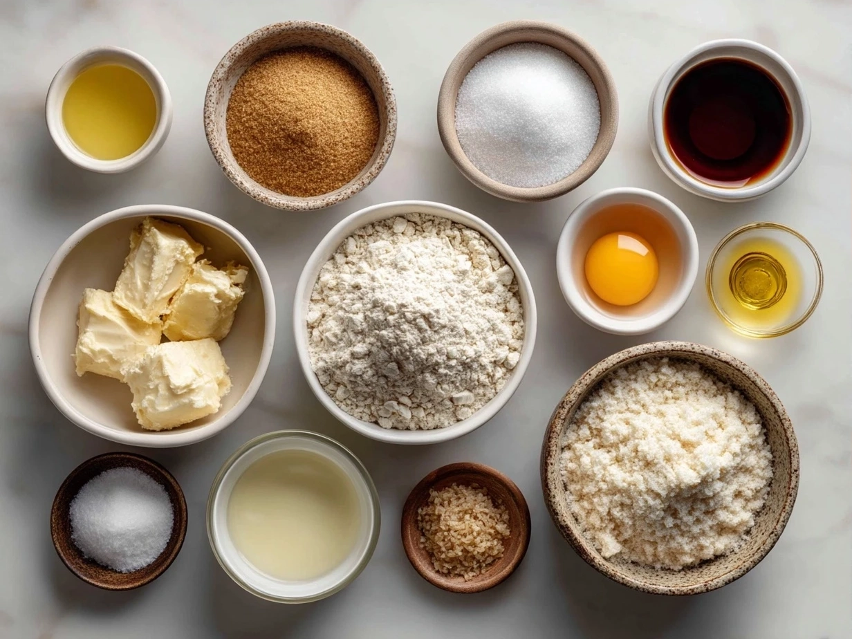 Ingredients for moist applesauce cake including flour, spices, eggs, applesauce, and oil