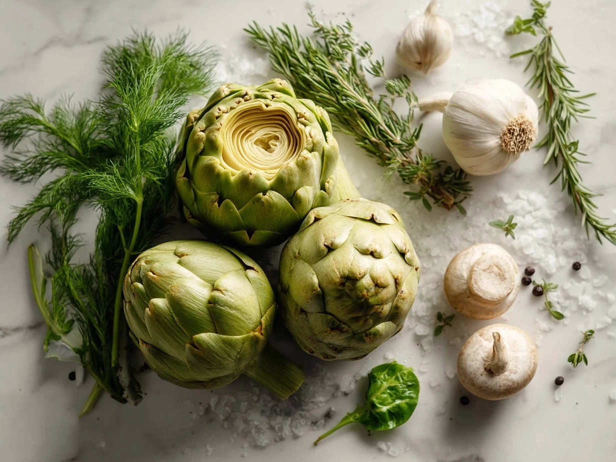 Ingredients for Artichoke Sandwich including artichoke hearts, bread, cheese, onion, and spices