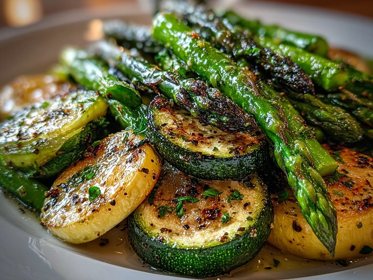 A serving platter with cooked Asparagus Zucchini Squash garnished with fresh thyme and lemon zest