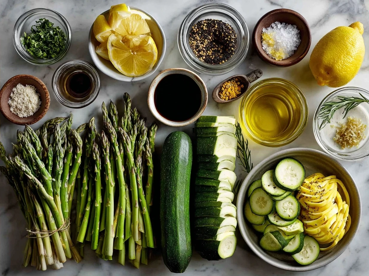 Fresh ingredients for Asparagus Zucchini Squash including asparagus, zucchini, yellow squash and herbs